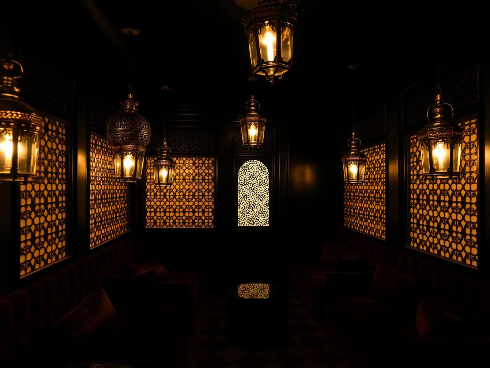 Lounge interior with brass lanterns, patterned screens and seating