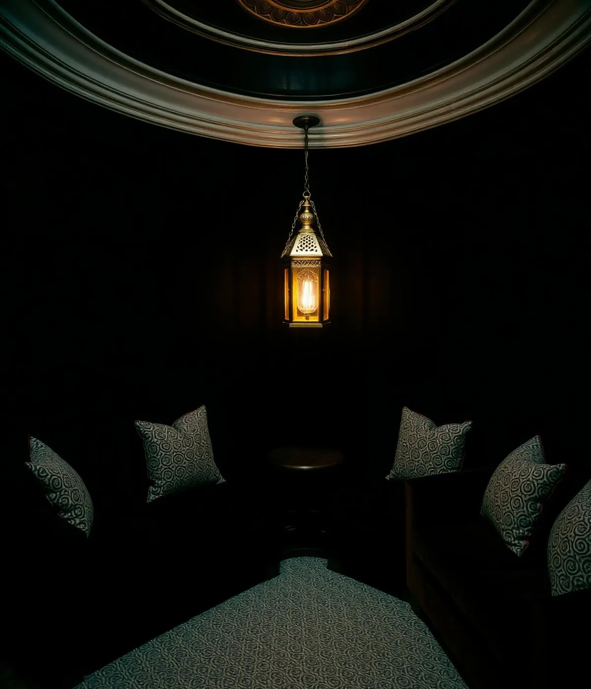 Lounge seating with velvet banquettes and brass lanterns